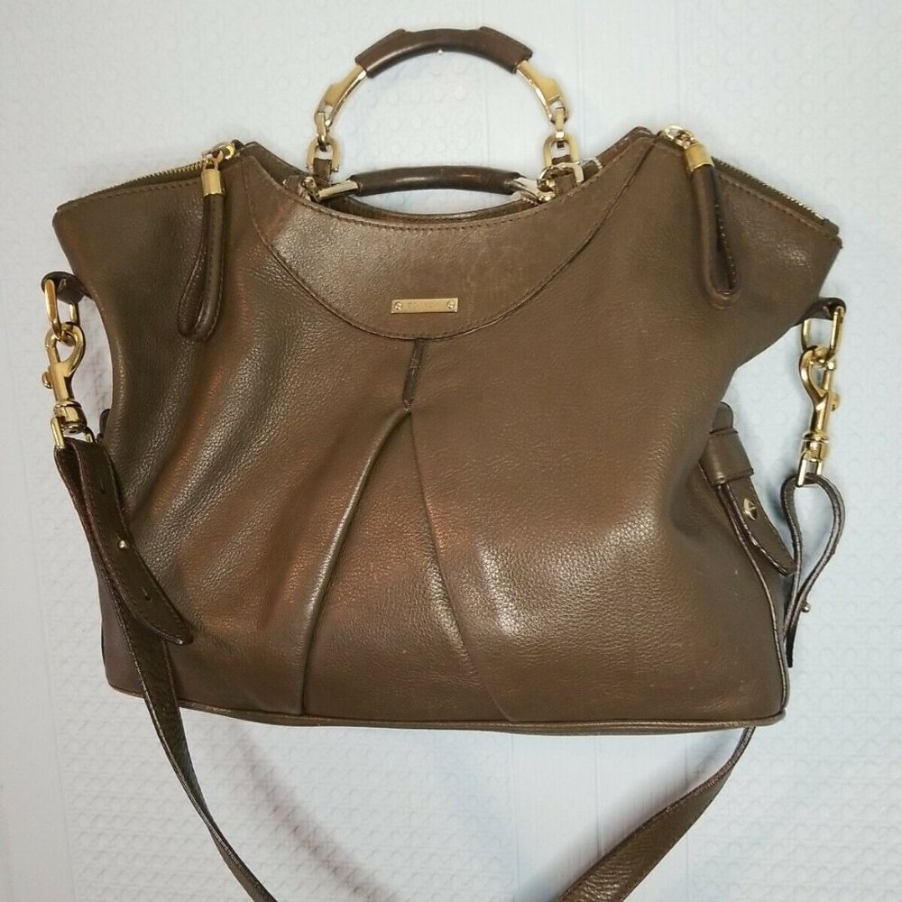 ESCADA Leather Slouch Hobo Bag Purse Handbag Olive/Gold Medium/Large RARE